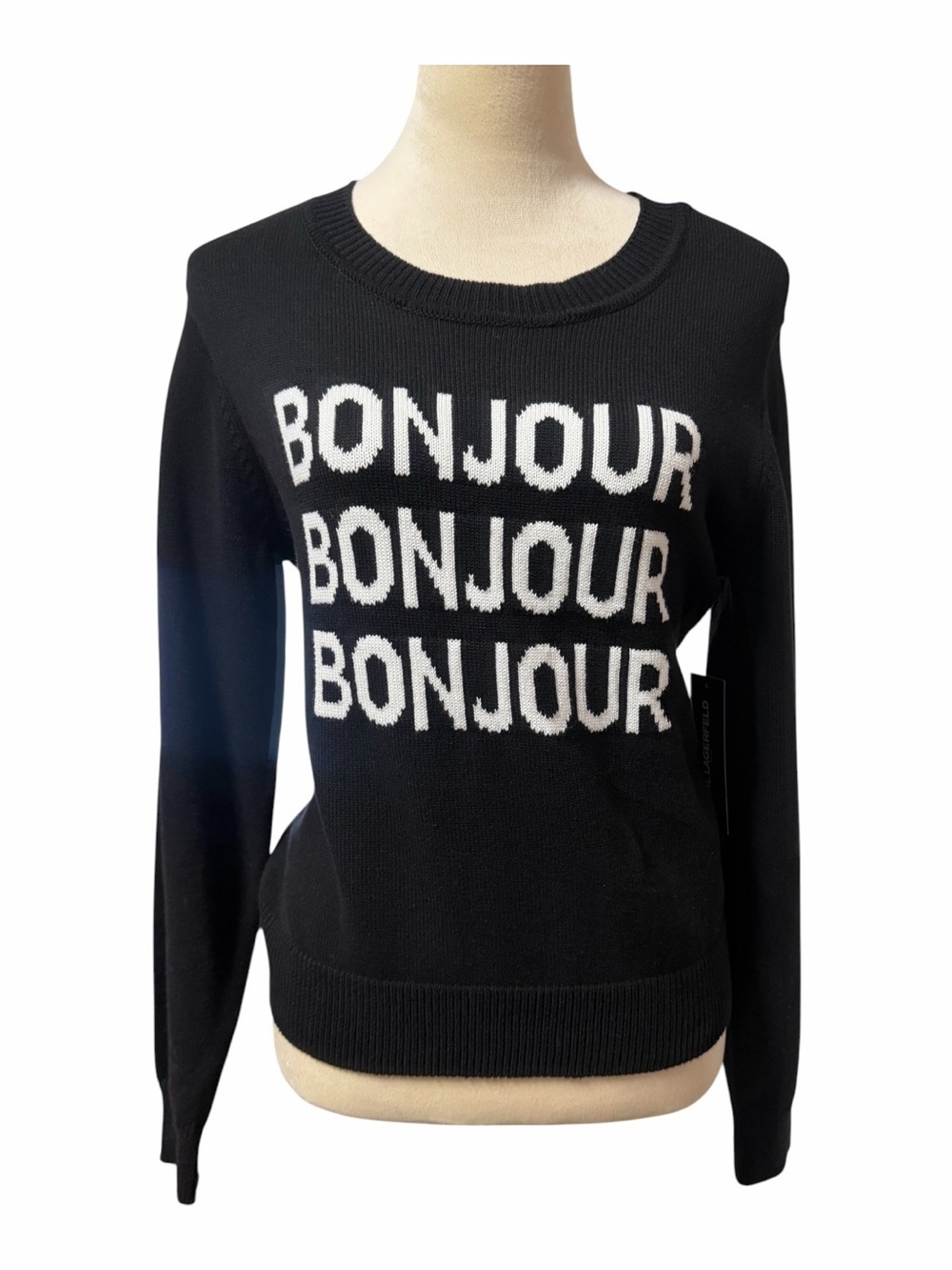 Karl Lagerfeld Paris Bonjour Graphic Knit Sweater Black White Size Small